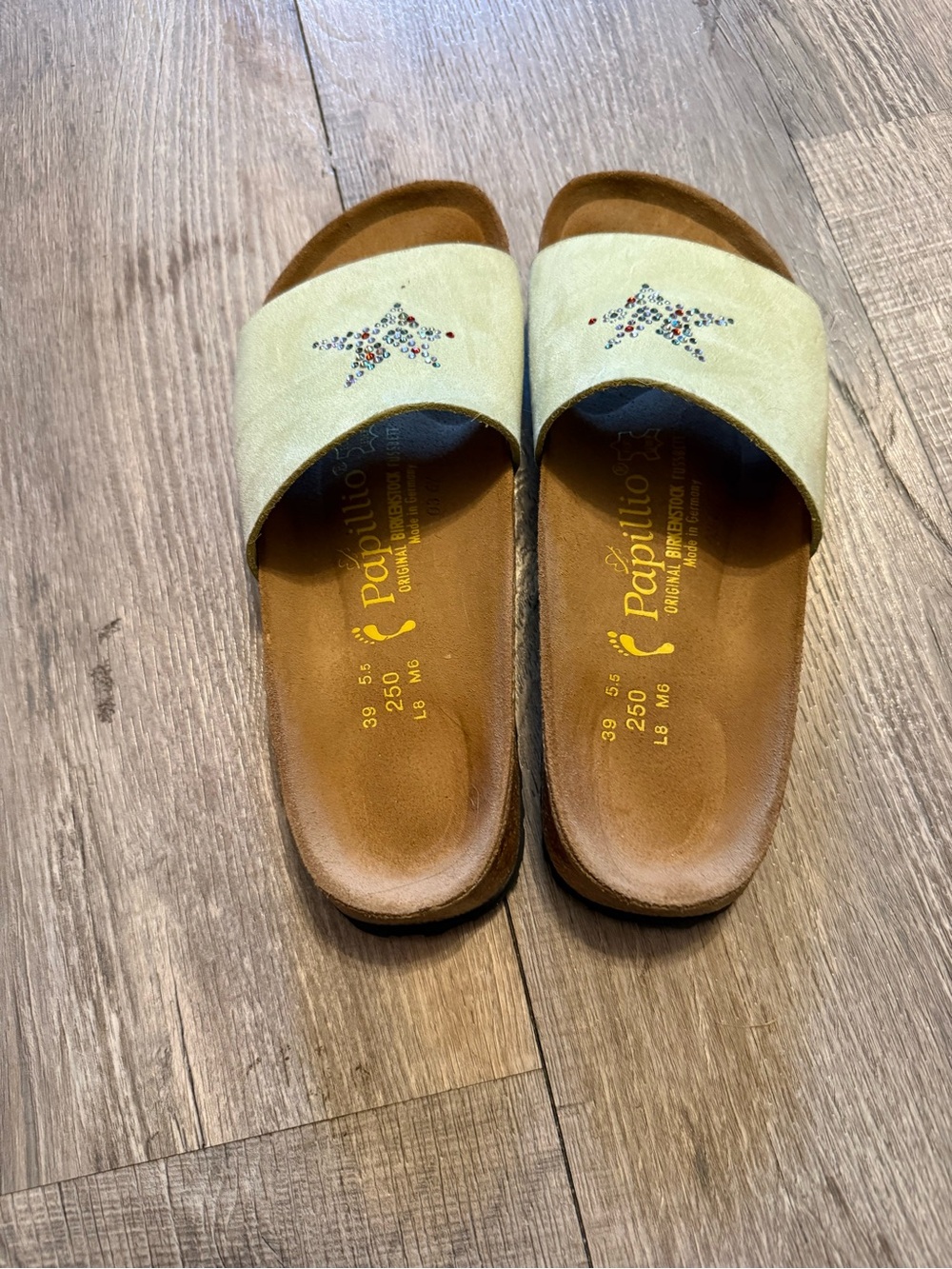 Papillio Light Green Slide Sandals with Rhinestone Star Detail